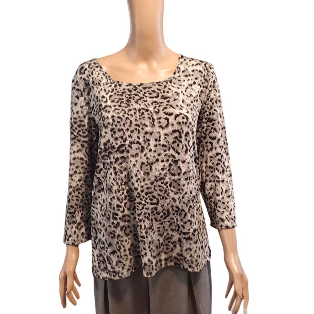 Chico's Easywear Top Size 2 (Large) Gray Black Leopard Print 3/4 Sleeve Travel